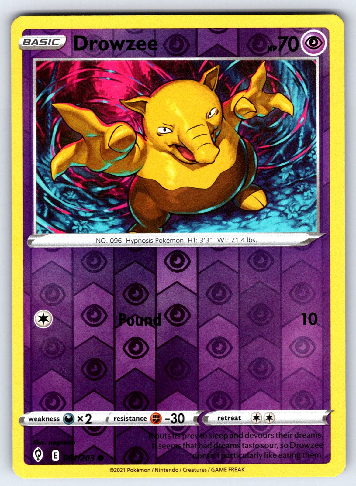 Drowzee Reverse Holo Common SWSH07: Evolving Skies 061/203 NM 2021