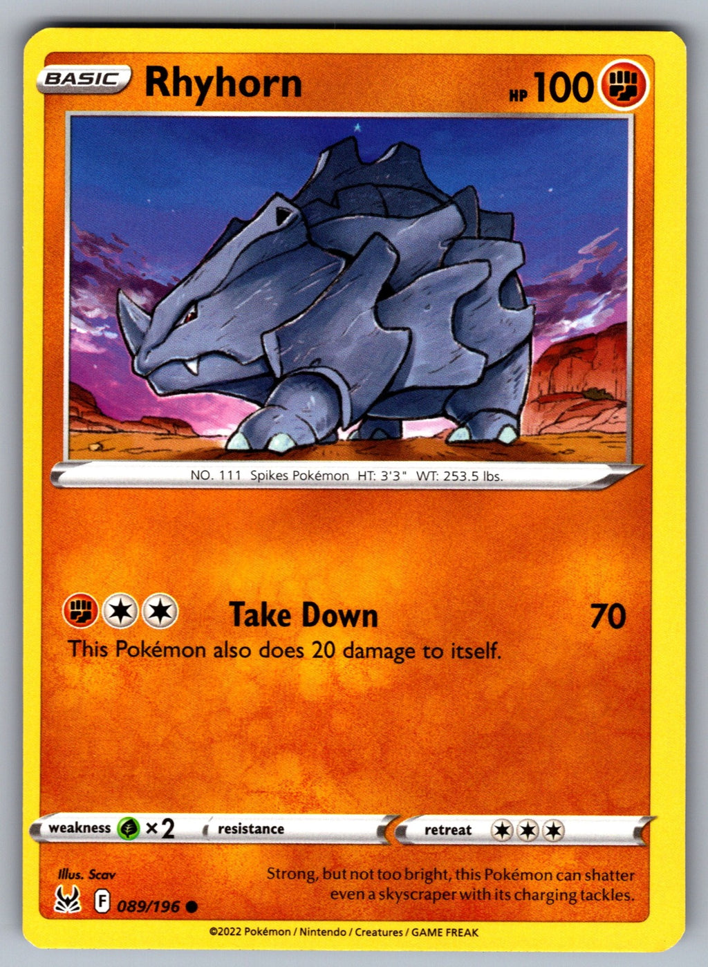 Rhyhorn Common SWSH11: Lost Origin 089/196 NM 2022