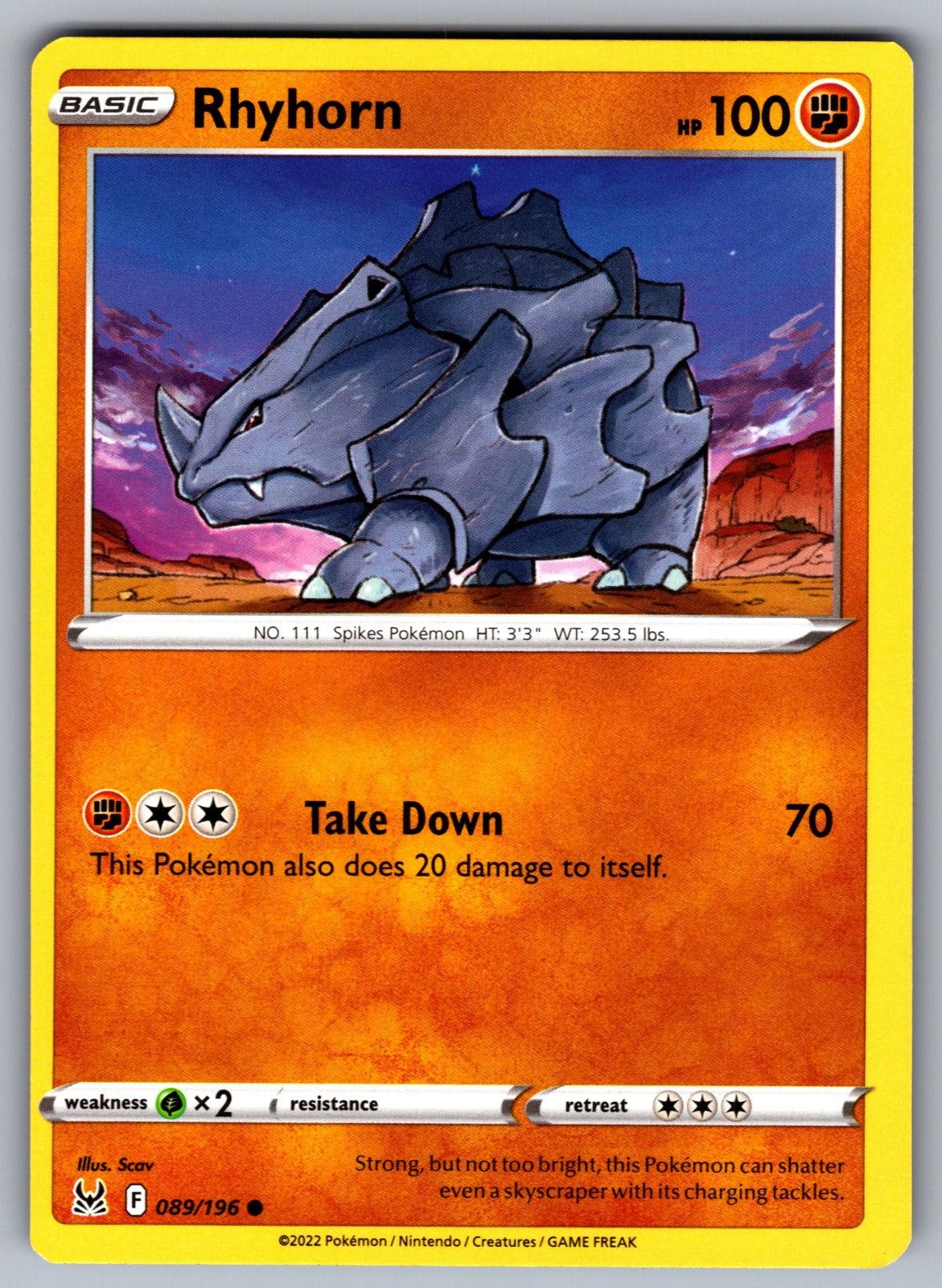 Rhyhorn Common SWSH11: Lost Origin 089/196 NM 2022