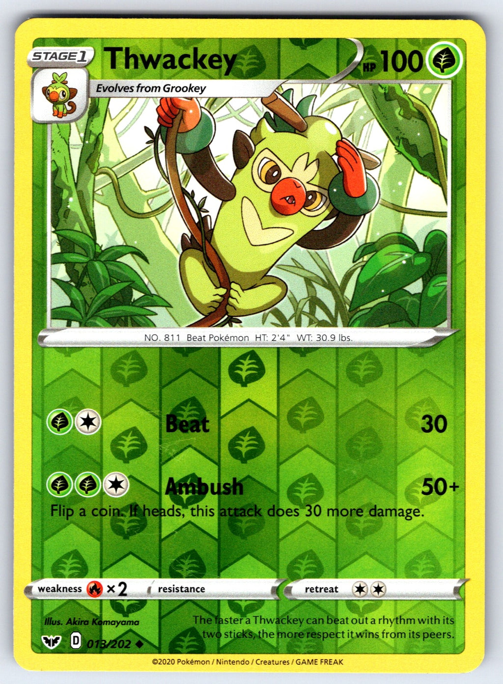Thwackey (013) Reverse Holo Uncommon SWSH01: Sword & Shield Base Set 013/202 NM 