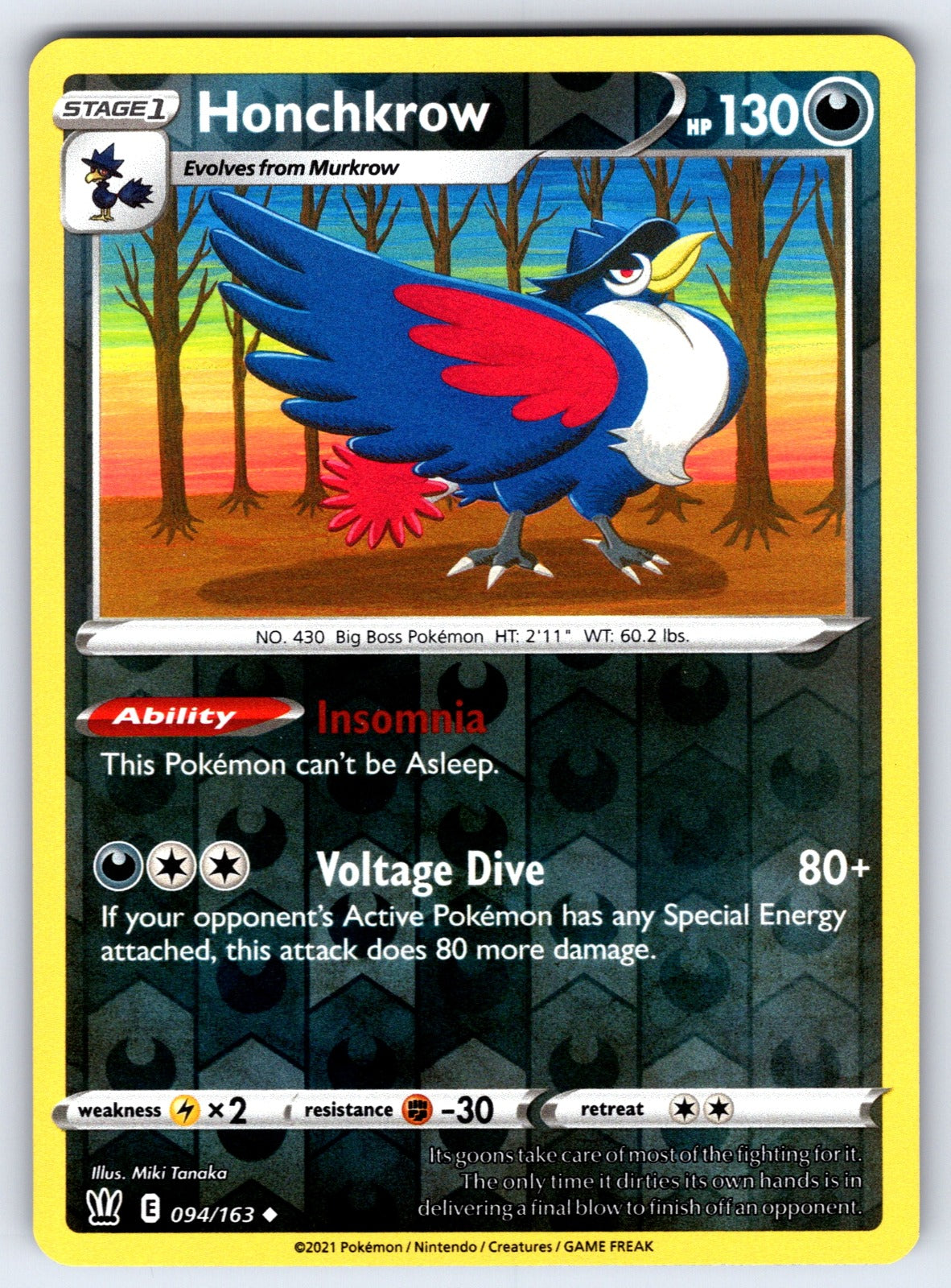 Honchkrow Reverse Holo Uncommon SWSH05: Battle Styles 094/163 NM 2021