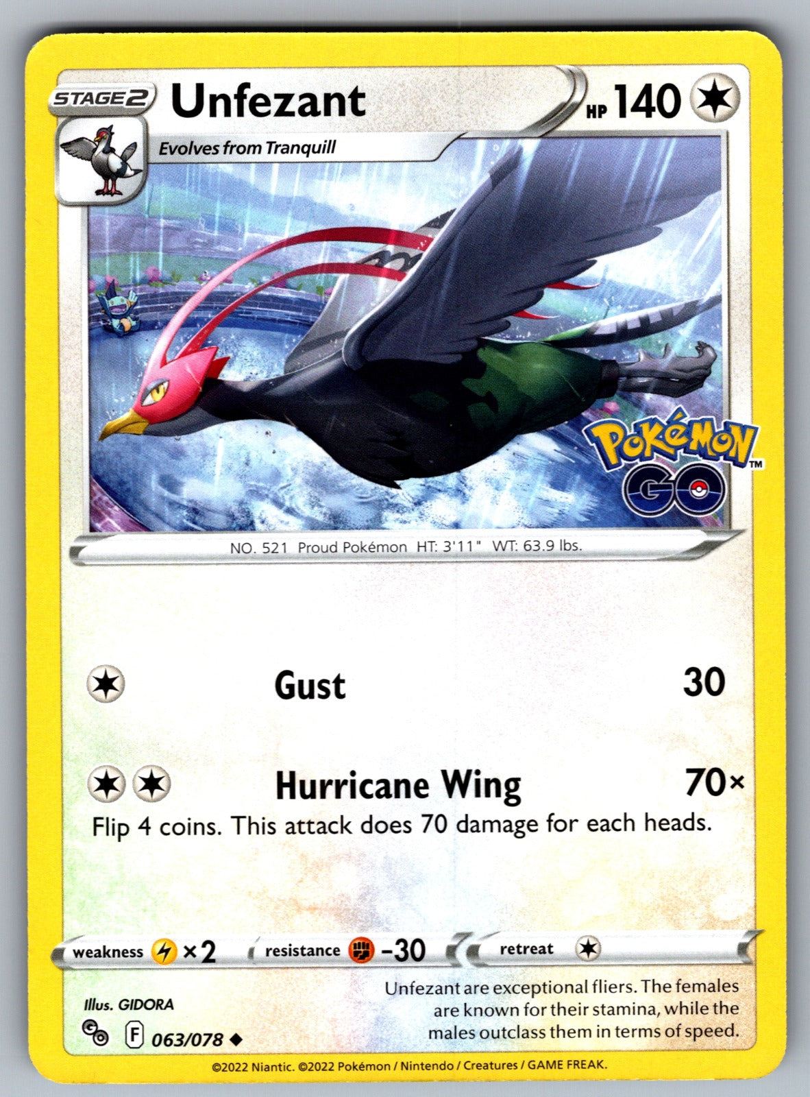 Unfezant Uncommon Pokemon GO 063/078 NM 2022