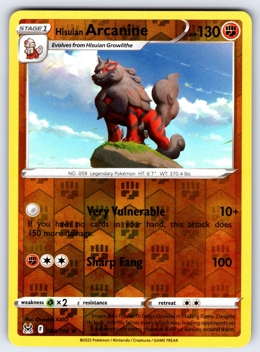 Hisuian Arcanine Reverse Holo Holo Rare SWSH11: Lost Origin 084/196 NM 2022