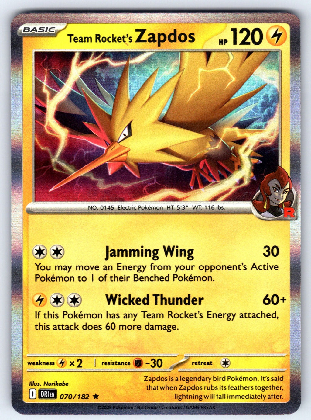 Team Rocket's Zapdos Holo Rare SV10: Destined Rivals 070/182 NM 2025