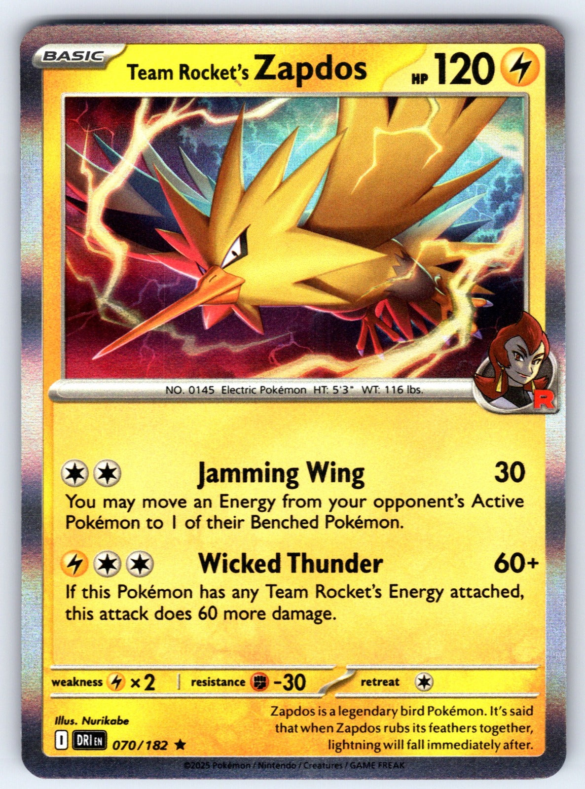 Team Rocket's Zapdos Holo Rare SV10: Destined Rivals 070/182 NM 2025