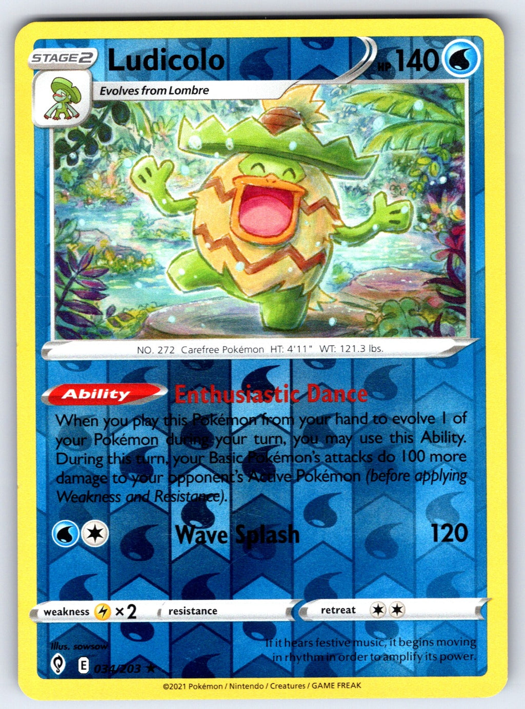 Ludicolo Reverse Holo Holo Rare SWSH07: Evolving Skies 034/203 NM 2021