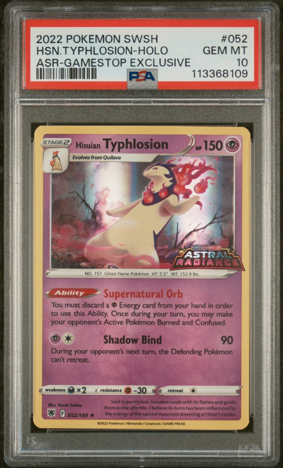 2022 PSA 10 ASTRAL RADIANCE #052 HSN.TYPHLOSION-HOLO GAMESTOP  Population 11