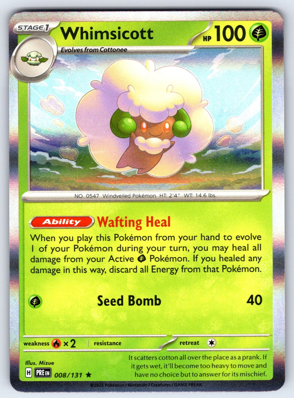 Whimsicott Holo Rare SV: Prismatic Evolutions 008/131 NM 2025