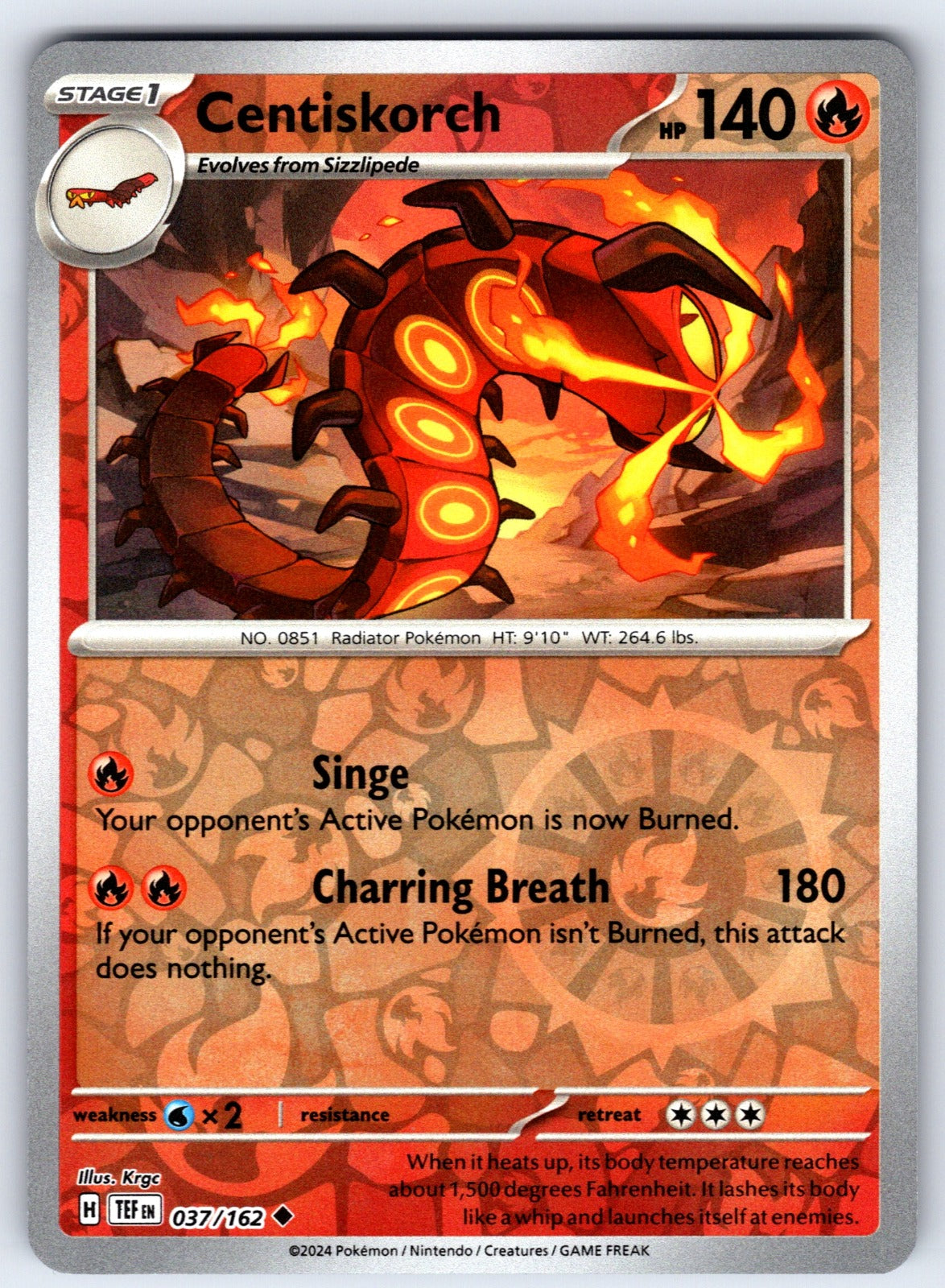 Centiskorch Reverse Holo Uncommon SV05: Temporal Forces 037/162 NM 2024