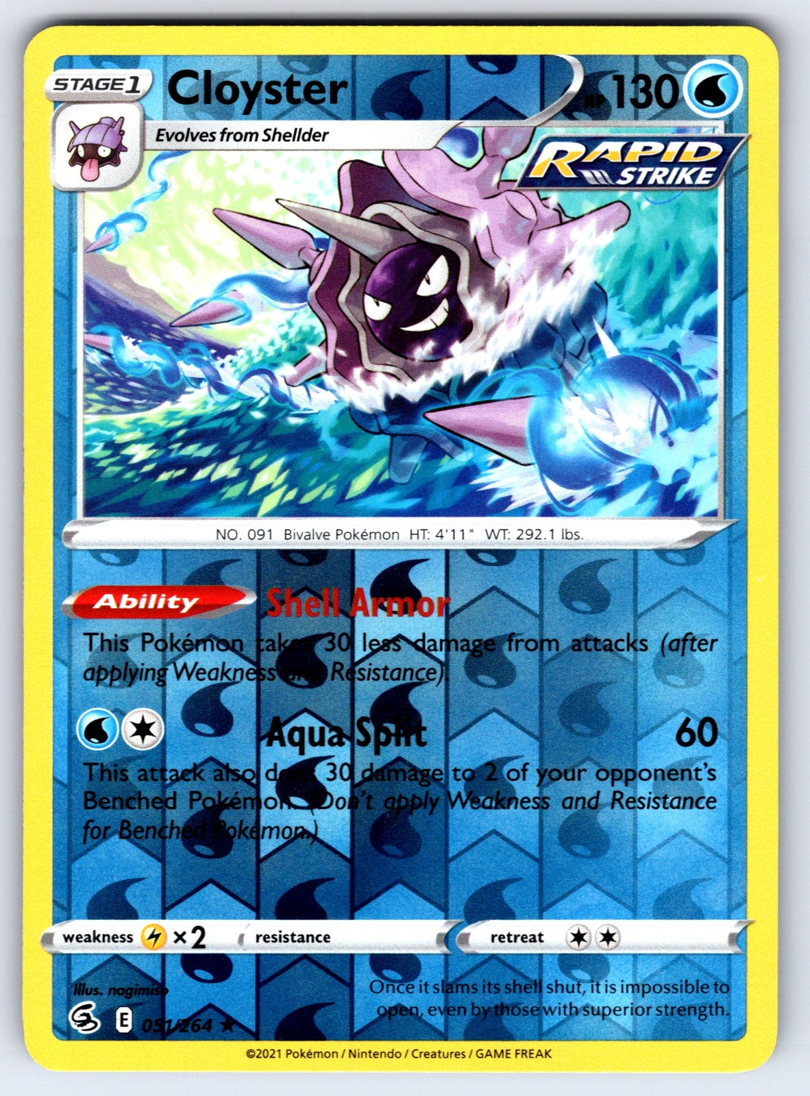 Cloyster Reverse Holo Rare SWSH08: Fusion Strike 051/264 NM 2021