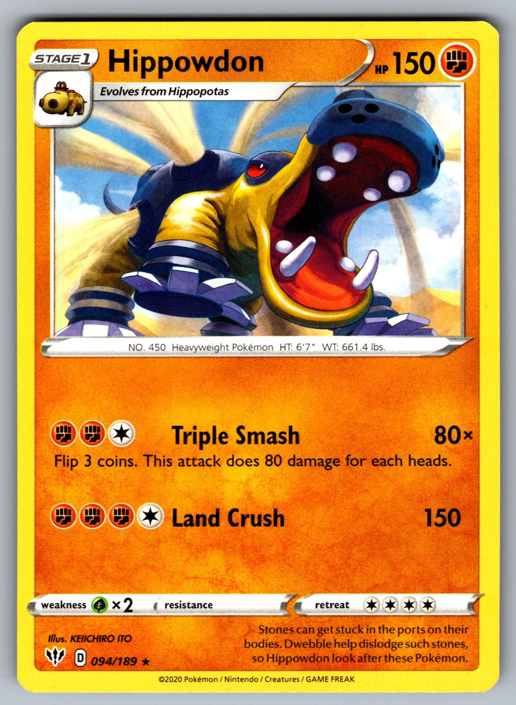 Hippowdon Rare SWSH03: Darkness Ablaze 094/189 NM 2020