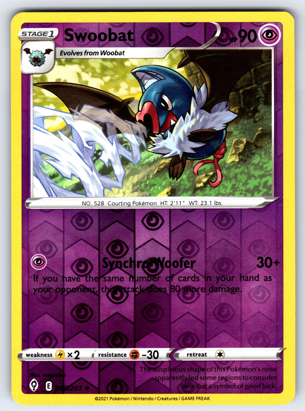 Swoobat Reverse Holo Uncommon SWSH07: Evolving Skies 069/203 NM 2021