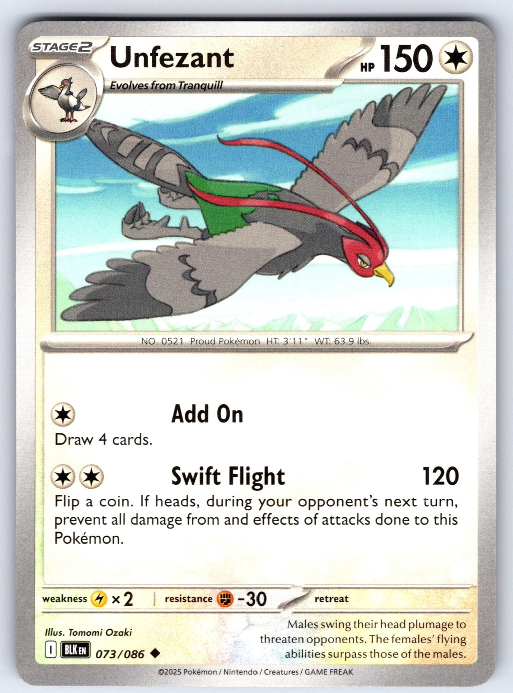 Unfezant Uncommon SV: Black Bolt 073/086 NM 2025