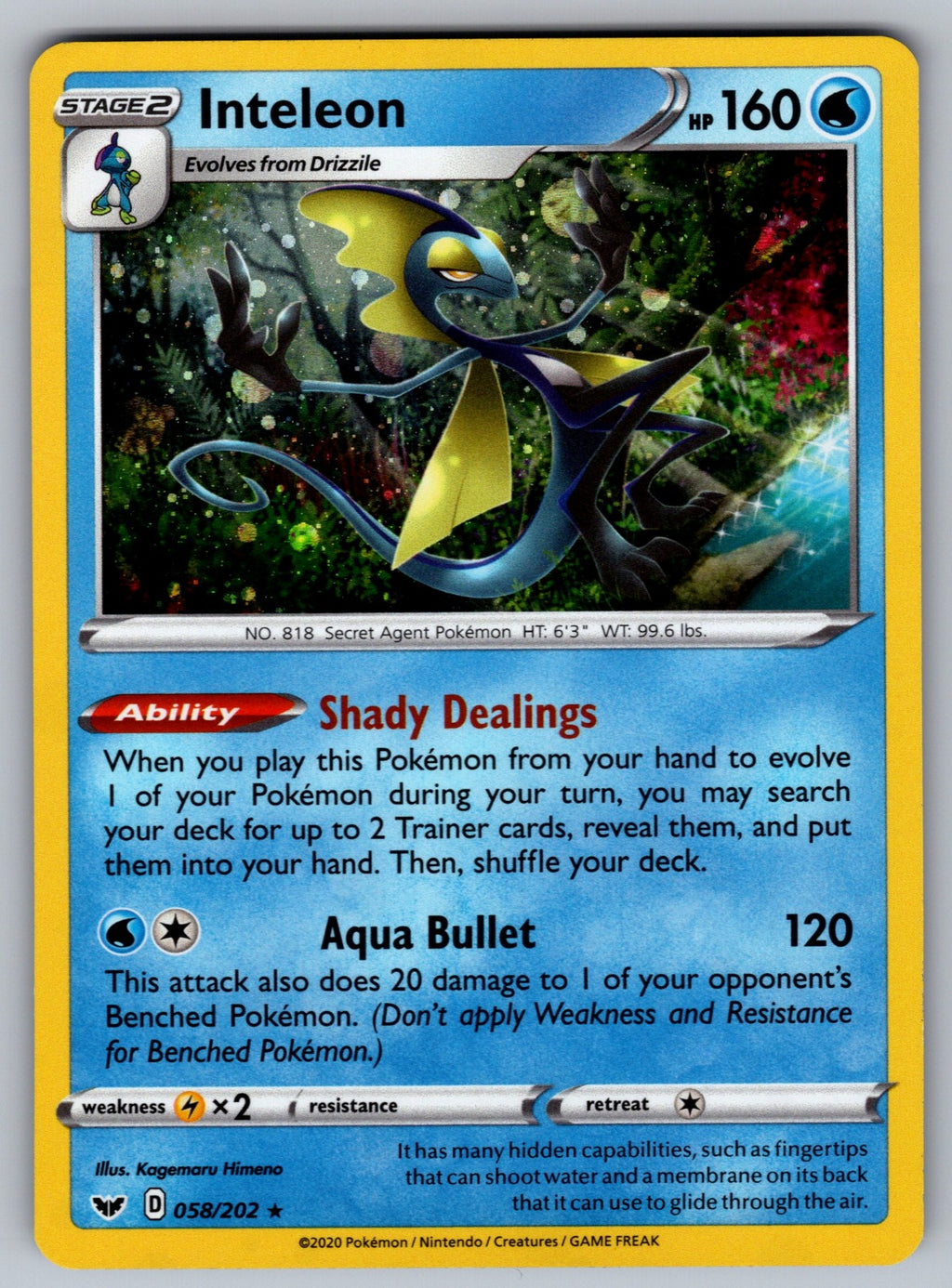 Inteleon (058) Holo Rare SWSH01: Sword & Shield Base Set 058/202 NM 2020