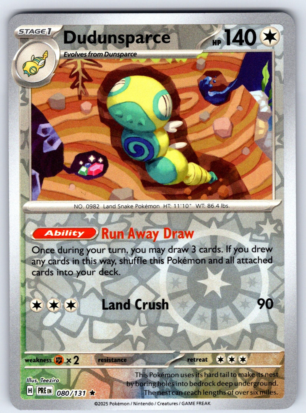 Dudunsparce Reverse Holo Rare SV: Prismatic Evolutions 080/131 NM 2025