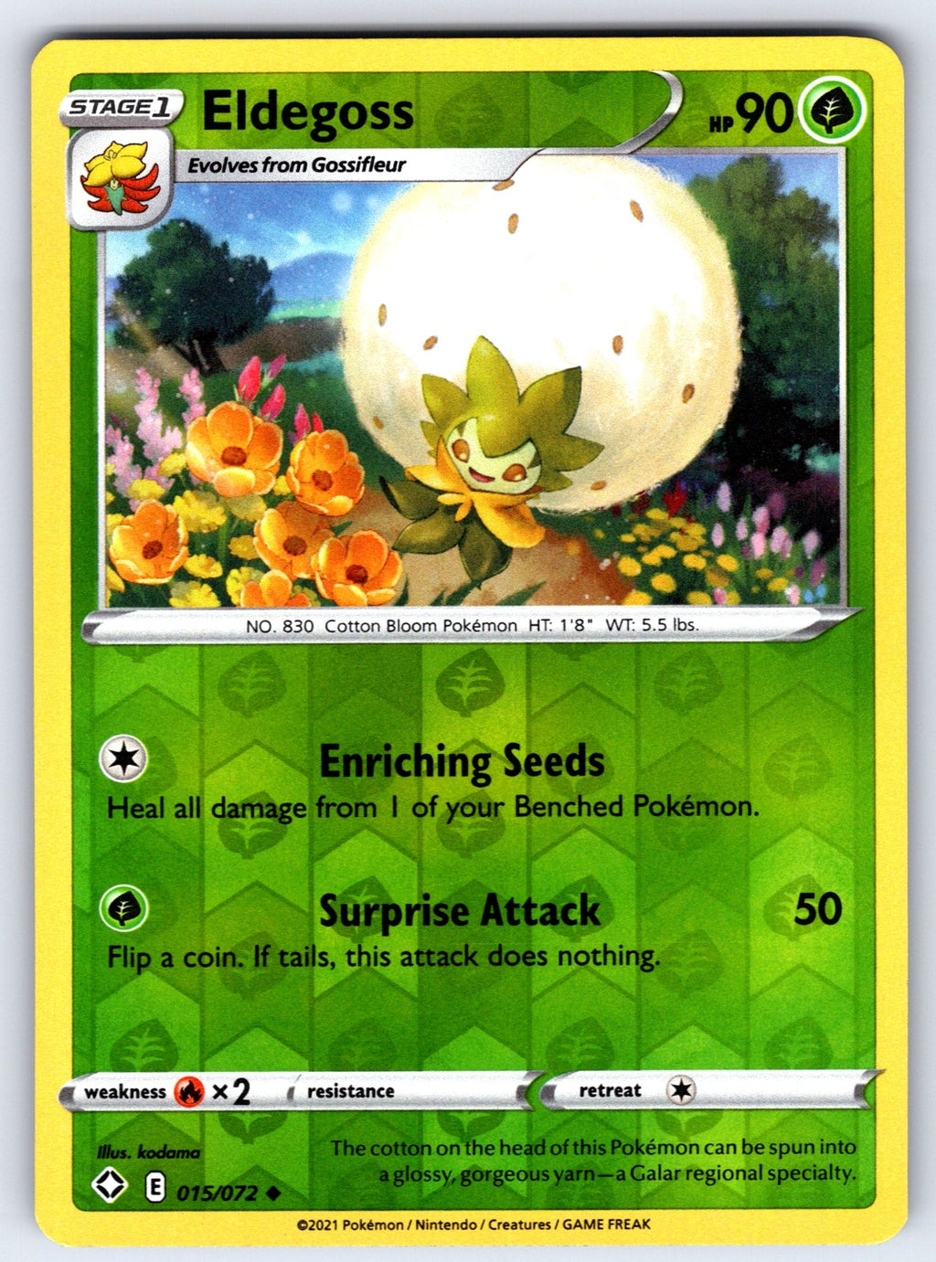 Eldegoss Reverse Holo Uncommon Shining Fates 015/072 NM 2021
