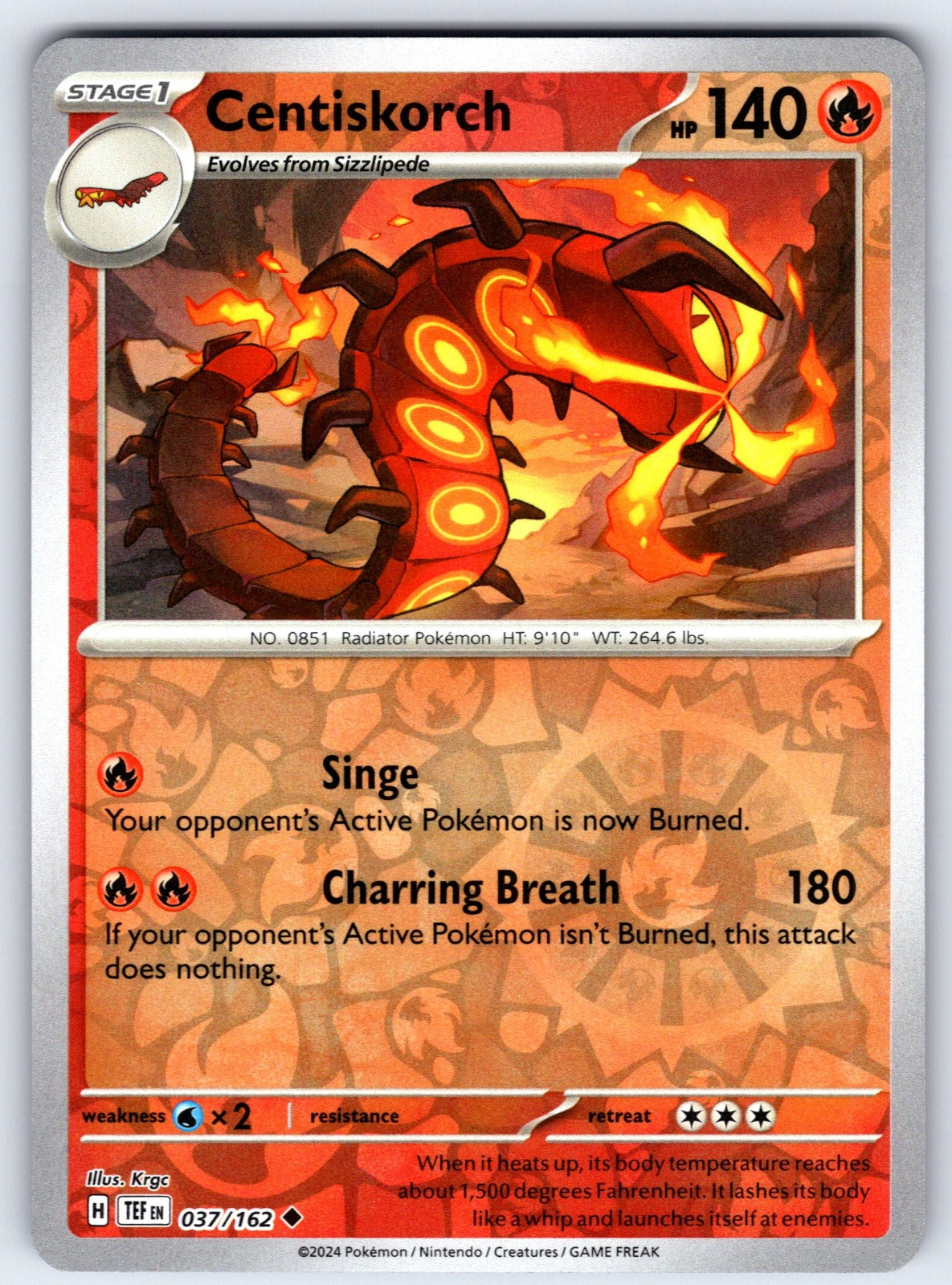 Centiskorch Reverse Holo Uncommon SV05: Temporal Forces 037/162 NM 2024