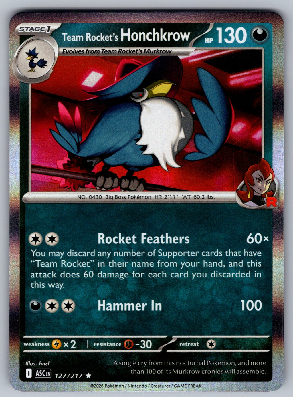 Team Rocket's Honchkrow Holo Rare ME: Ascended Heroes 127/217 NM 2026