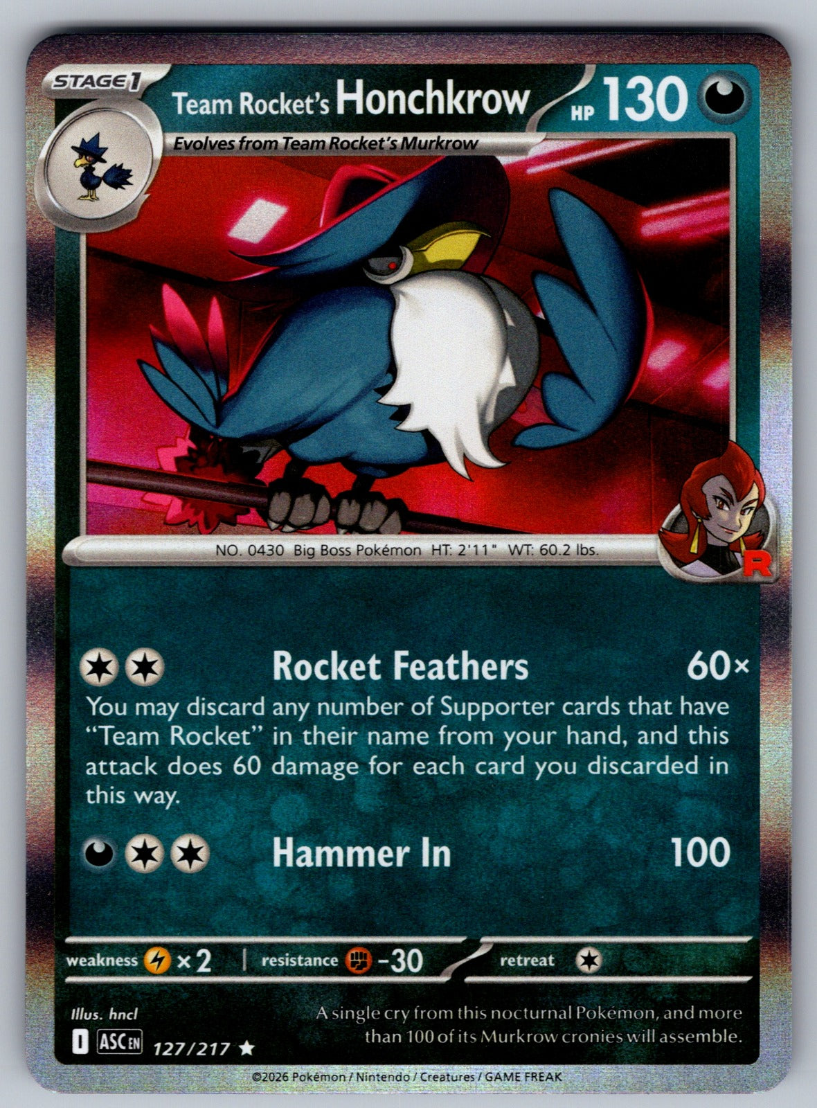 Team Rocket's Honchkrow Holo Rare ME: Ascended Heroes 127/217 NM 2026