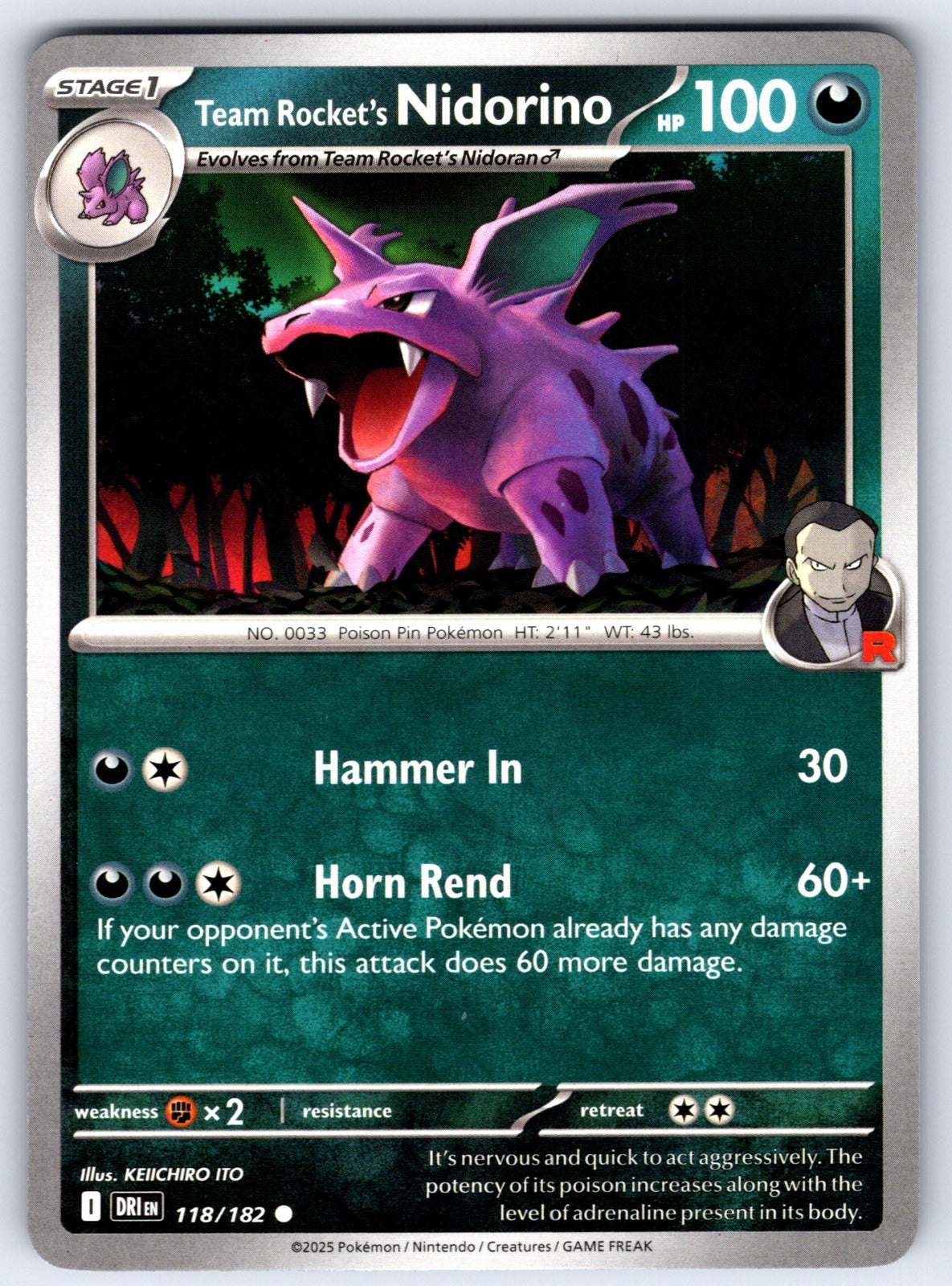 Team Rocket's Nidorino Common SV10: Destined Rivals 118/182 NM 2025