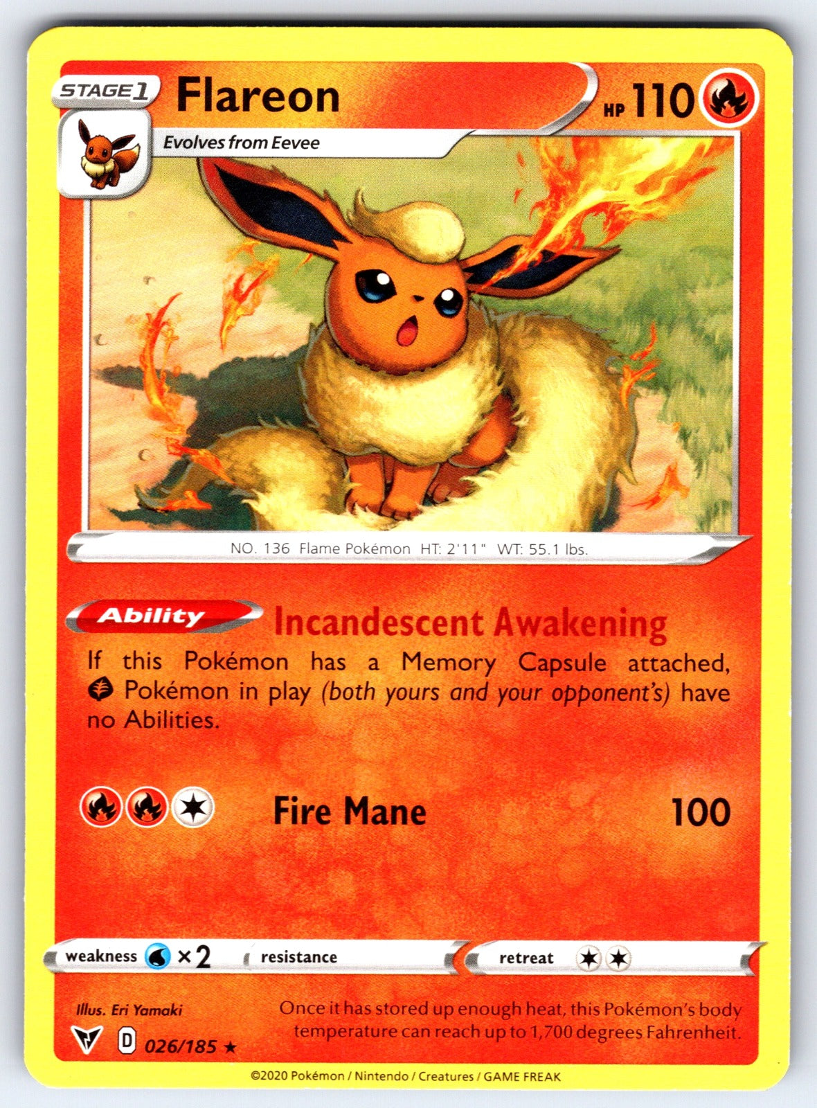 Flareon Rare SWSH04: Vivid Voltage 026/185 NM 2020