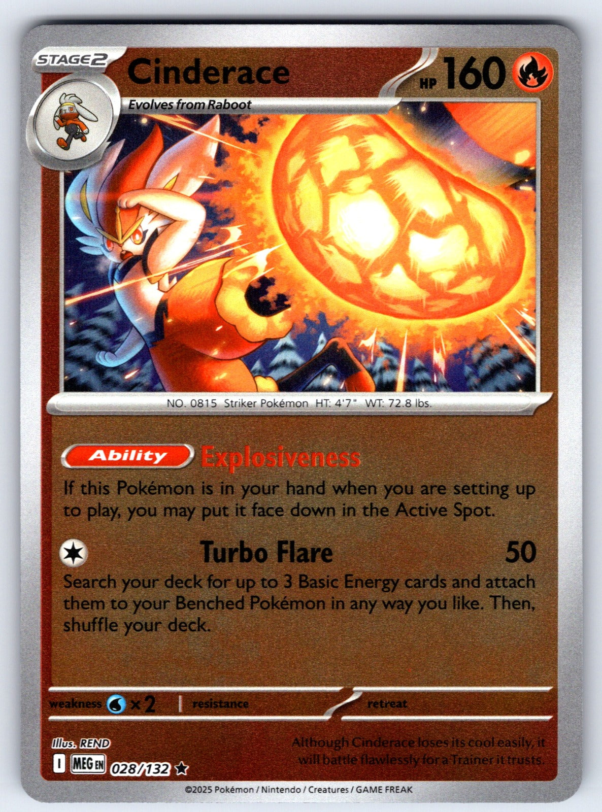 Cinderace Reverse Holo Rare ME01: Mega Evolution 028/132 NM 2025