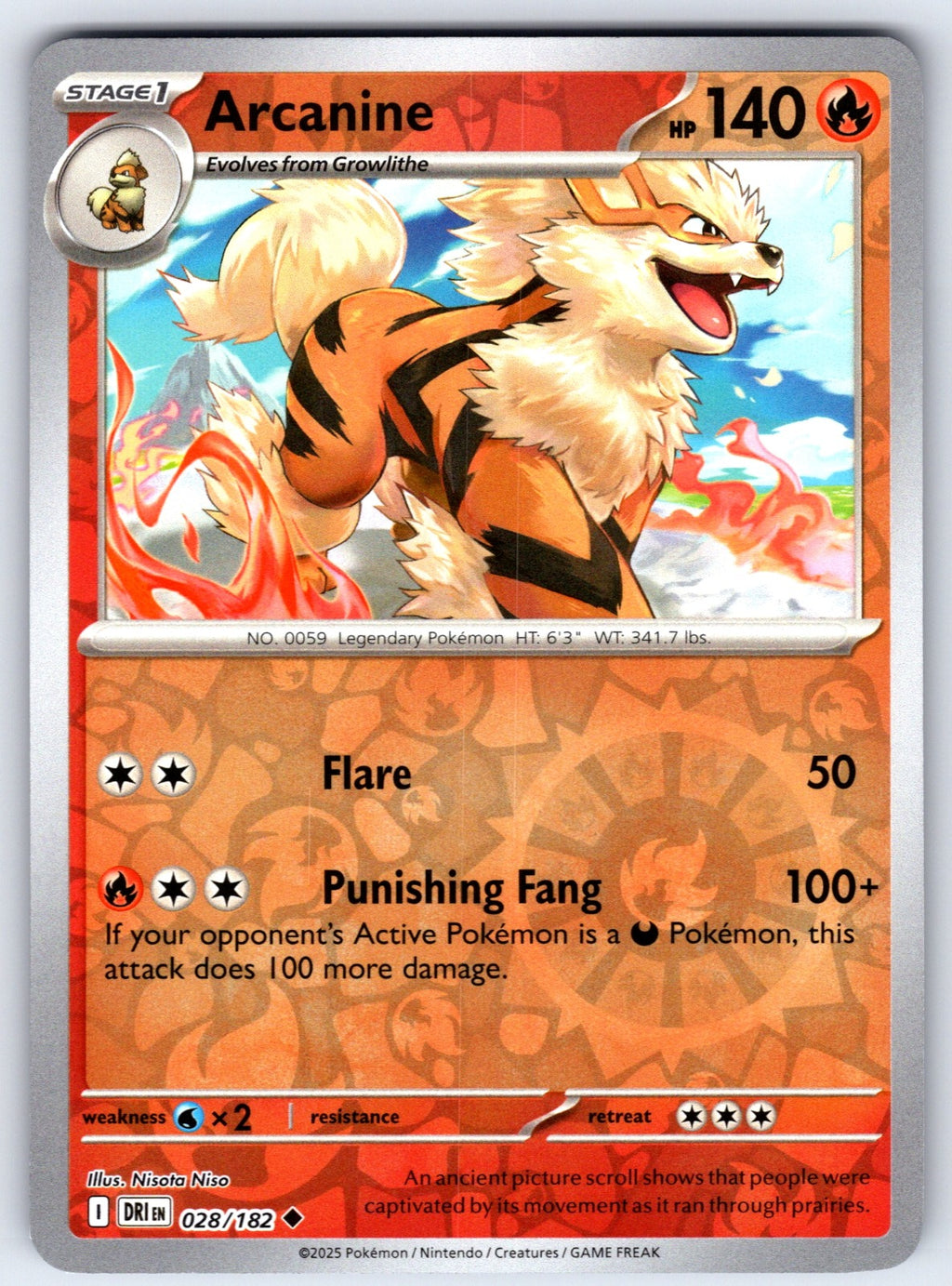 Arcanine Reverse Holo Uncommon SV10: Destined Rivals 028/182 NM 2025