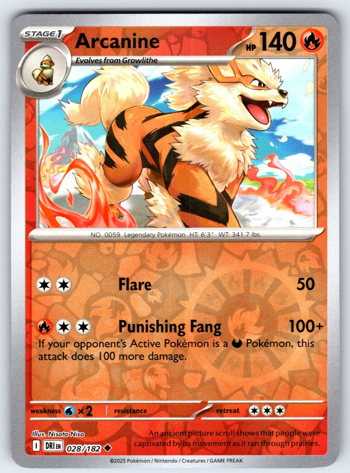 Arcanine Reverse Holo Uncommon SV10: Destined Rivals 028/182 NM 2025