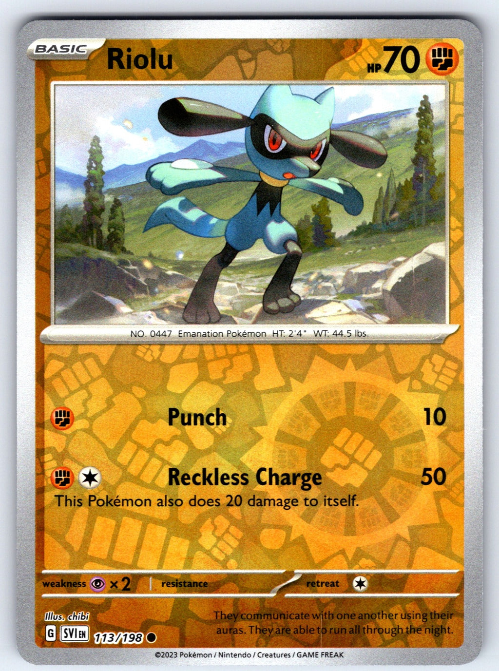 Riolu - Reverse Holo Common SV01: Scarlet & Violet Base Set 113/198 NM 2023
