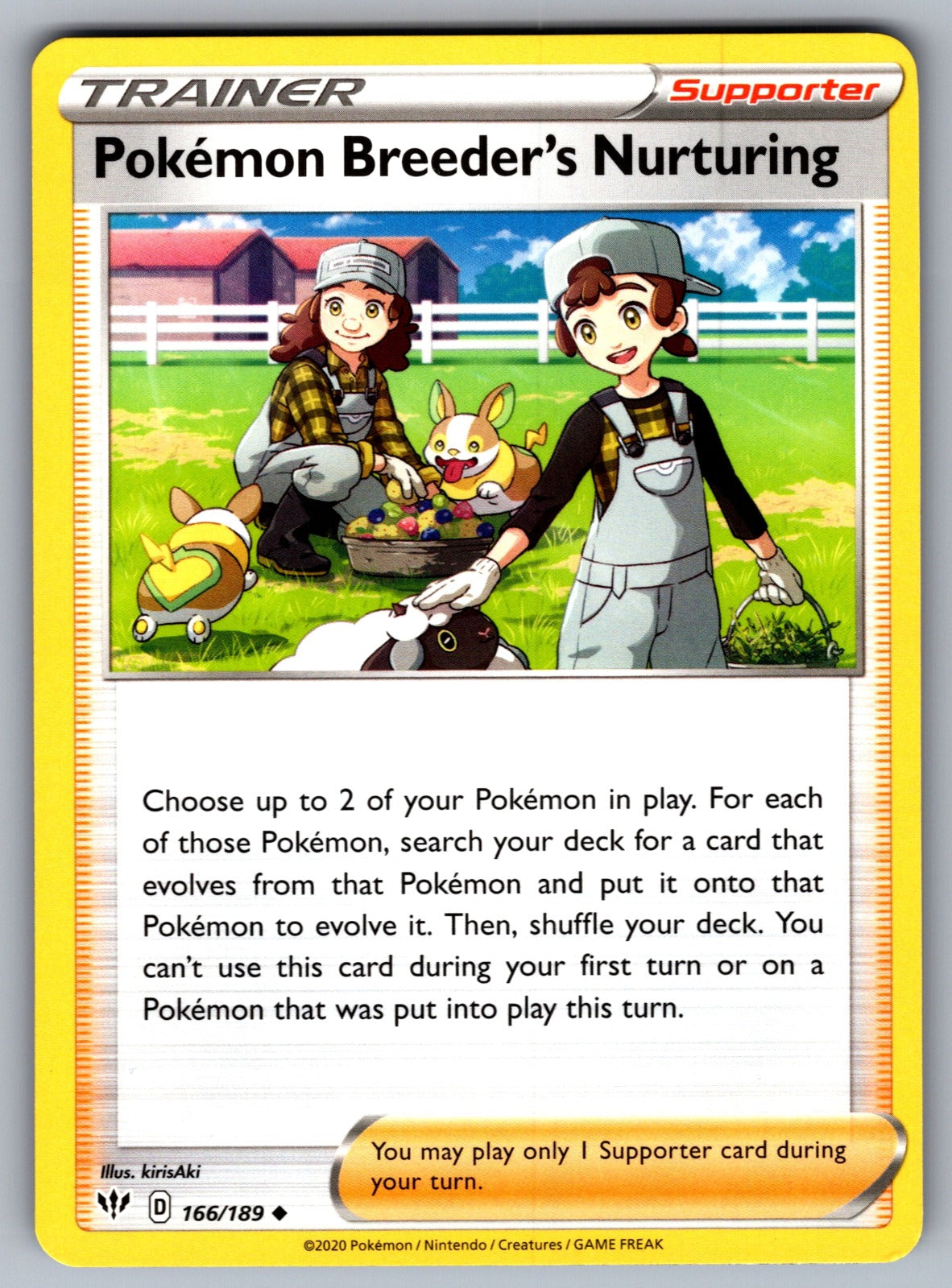 Pokemon Breeder's Nurturing Uncommon SWSH03: Darkness Ablaze 166/189 NM 2020