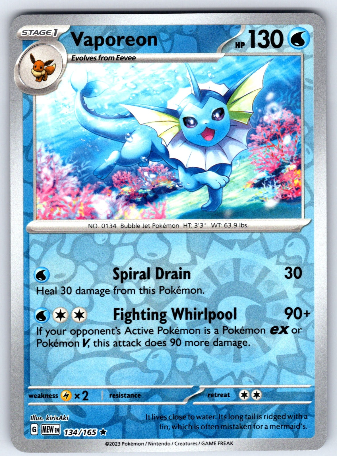 Vaporeon Reverse Holo Rare SV: Scarlet & Violet 151 134/165 NM 2023