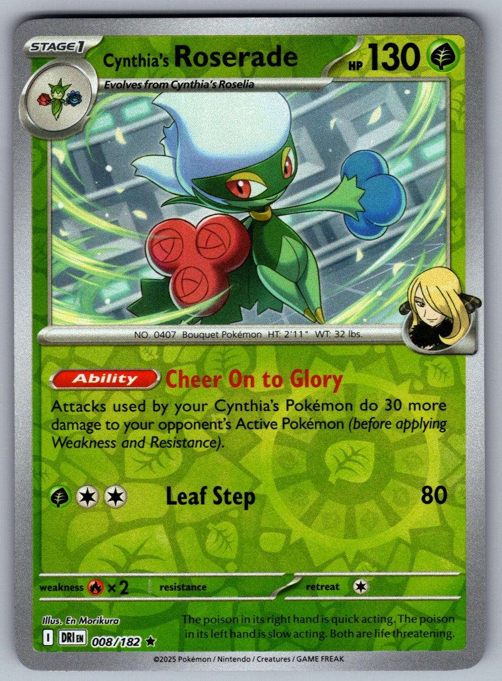 Cynthia's Roserade Reverse Holo Rare SV10: Destined Rivals 008/182 NM 2025