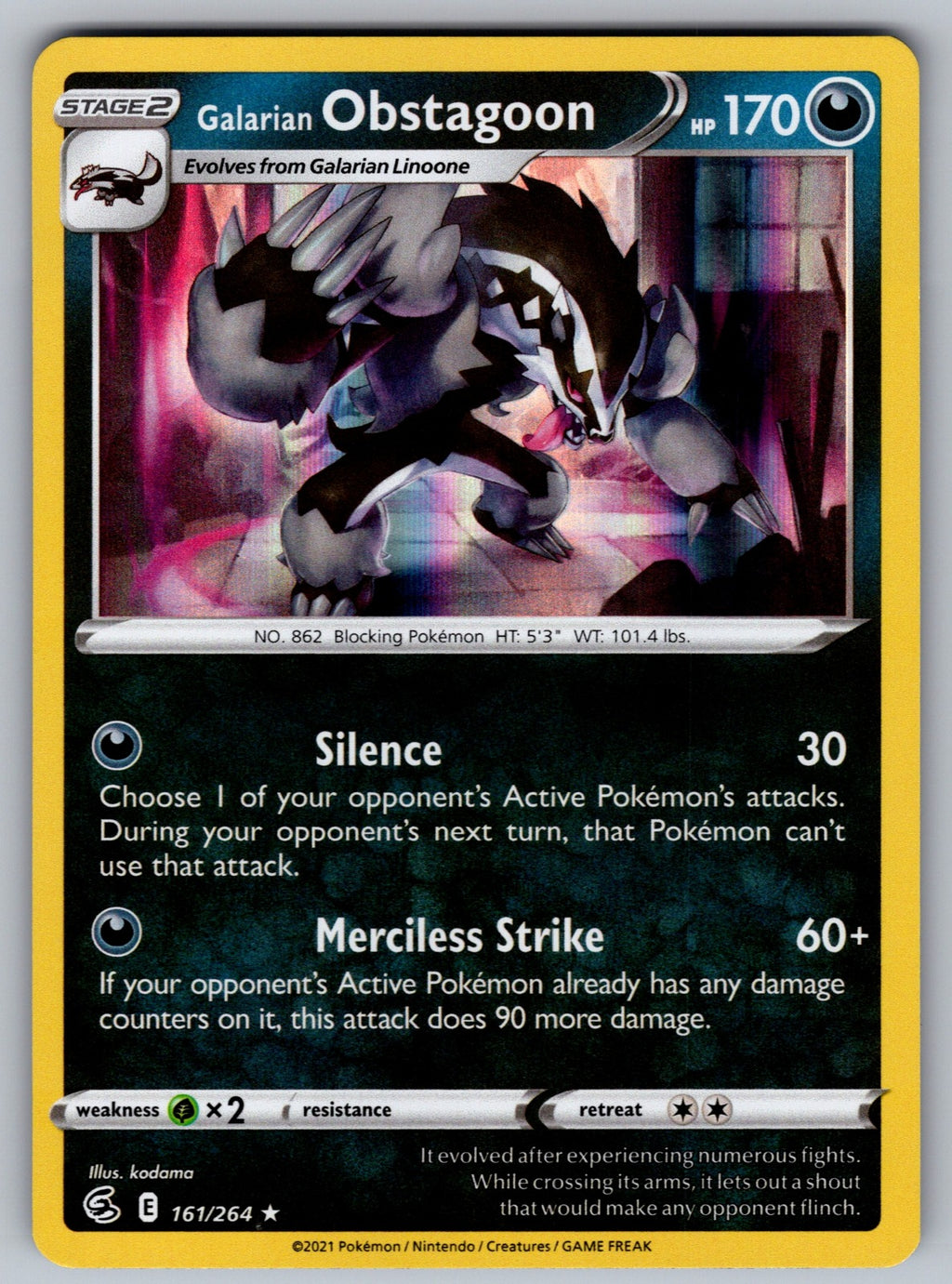 Galarian Obstagoon Holo Rare SWSH08: Fusion Strike 161/264 NM 2021