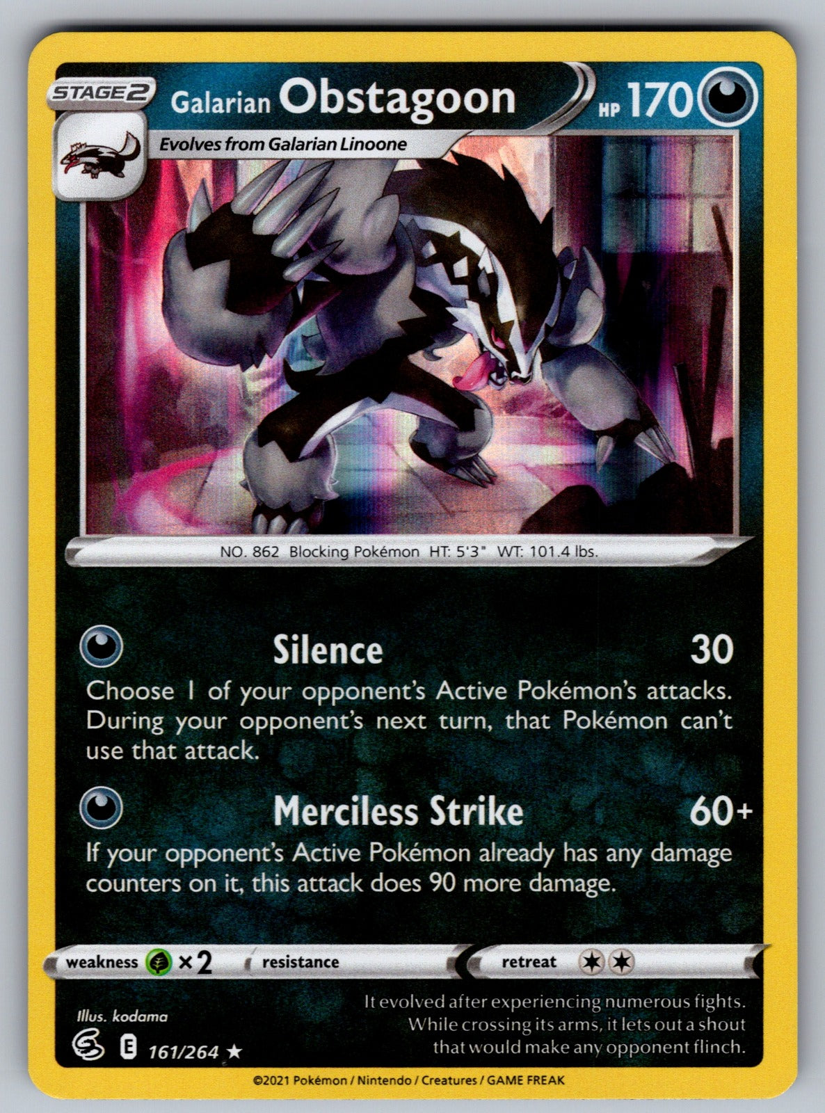 Galarian Obstagoon Holo Rare SWSH08: Fusion Strike 161/264 NM 2021