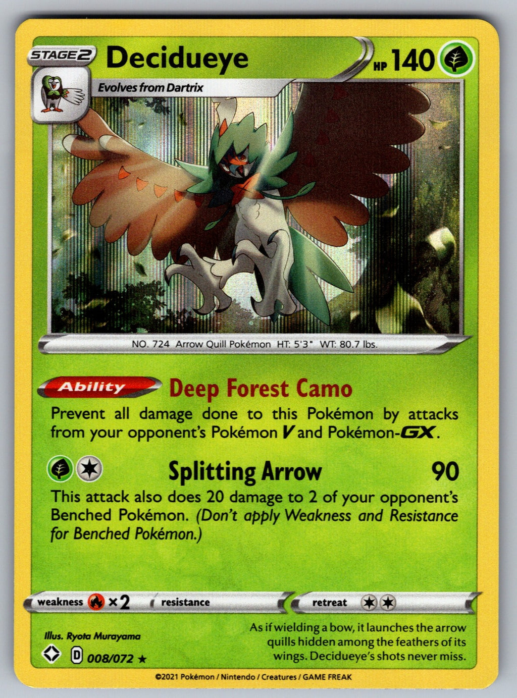 Decidueye Holo Rare Shining Fates 008/072 NM 2021