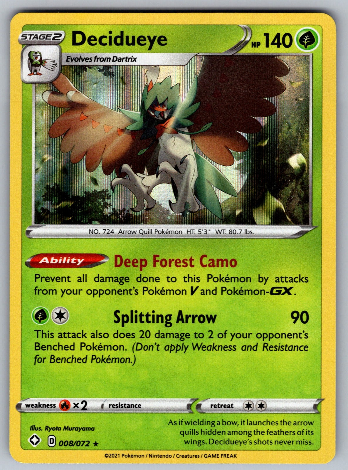 Decidueye Holo Rare Shining Fates 008/072 NM 2021