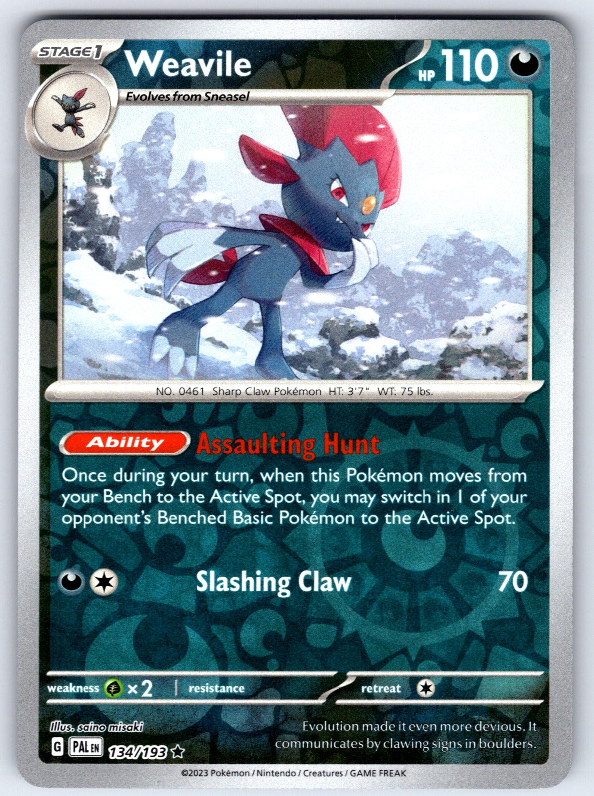 Weavile Reverse Holo Rare SV02: Paldea Evolved 134/193 NM 2023