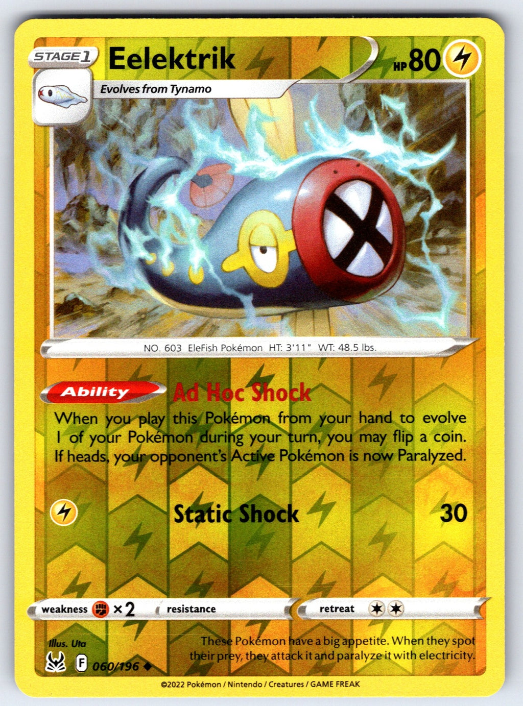 Eelektrik Reverse Holo Uncommon SWSH11: Lost Origin 060/196 NM 2022