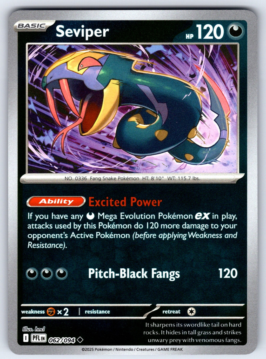 Seviper Reverse Holo Uncommon ME02: Phantasmal Flames 062/094 NM 2025