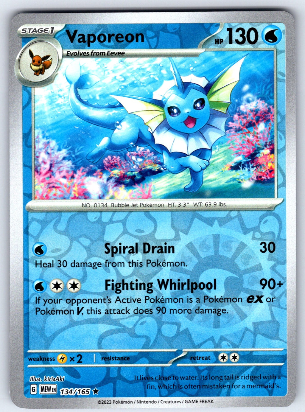 Vaporeon Reverse Holo Rare SV: Scarlet & Violet 151 134/165 NM 2023