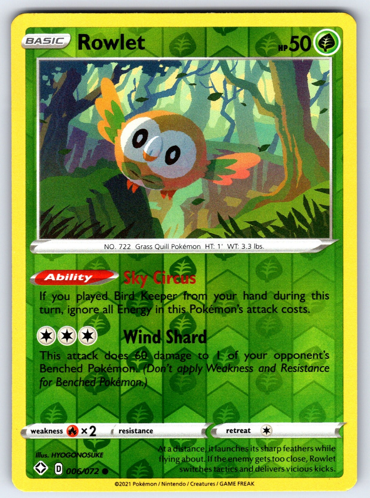 Rowlet Reverse Holo Common Shining Fates 006/072 NM 2021