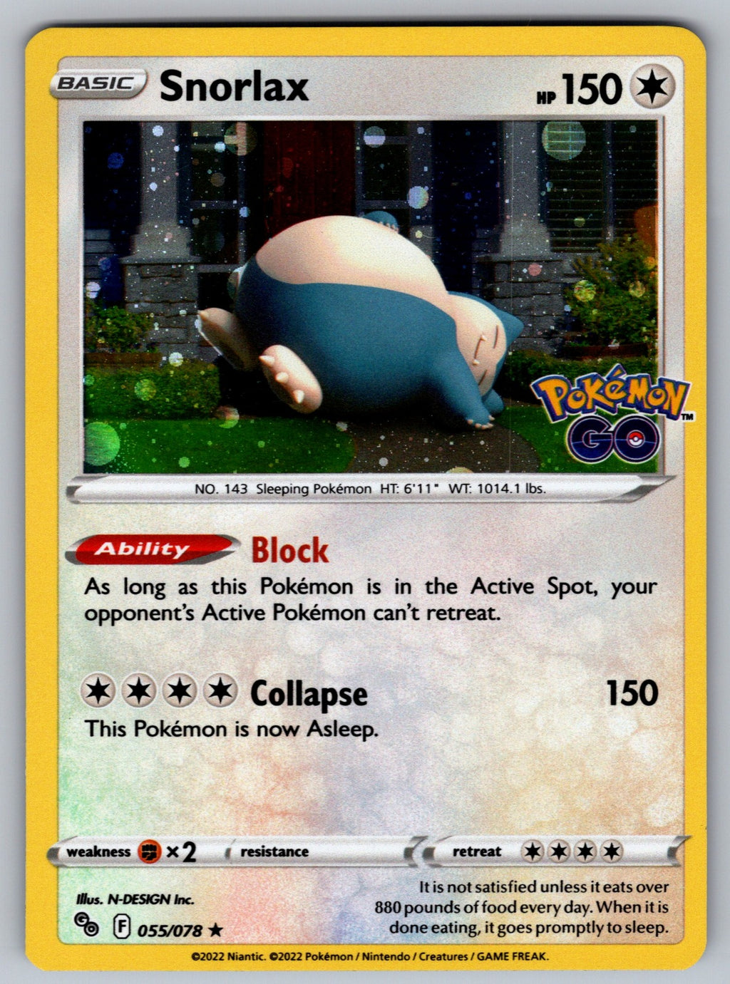 Snorlax Holo Rare Pokemon GO 055/078 NM 2022