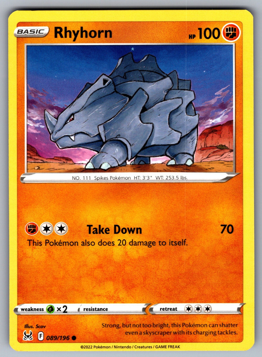 Rhyhorn Common SWSH11: Lost Origin 089/196 NM 2022