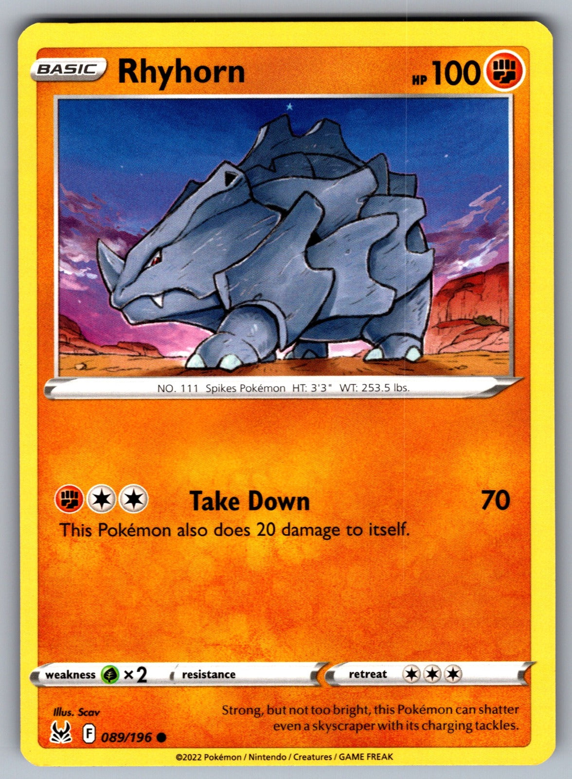 Rhyhorn Common SWSH11: Lost Origin 089/196 NM 2022