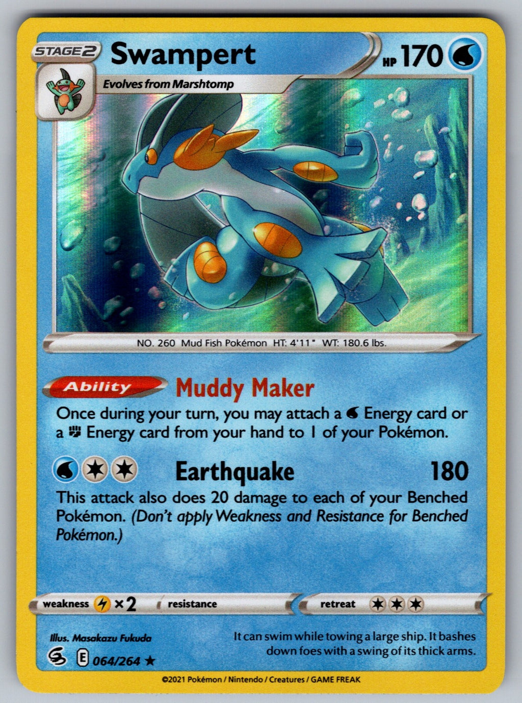 Swampert Holo Rare SWSH08: Fusion Strike 064/264 NM 2021