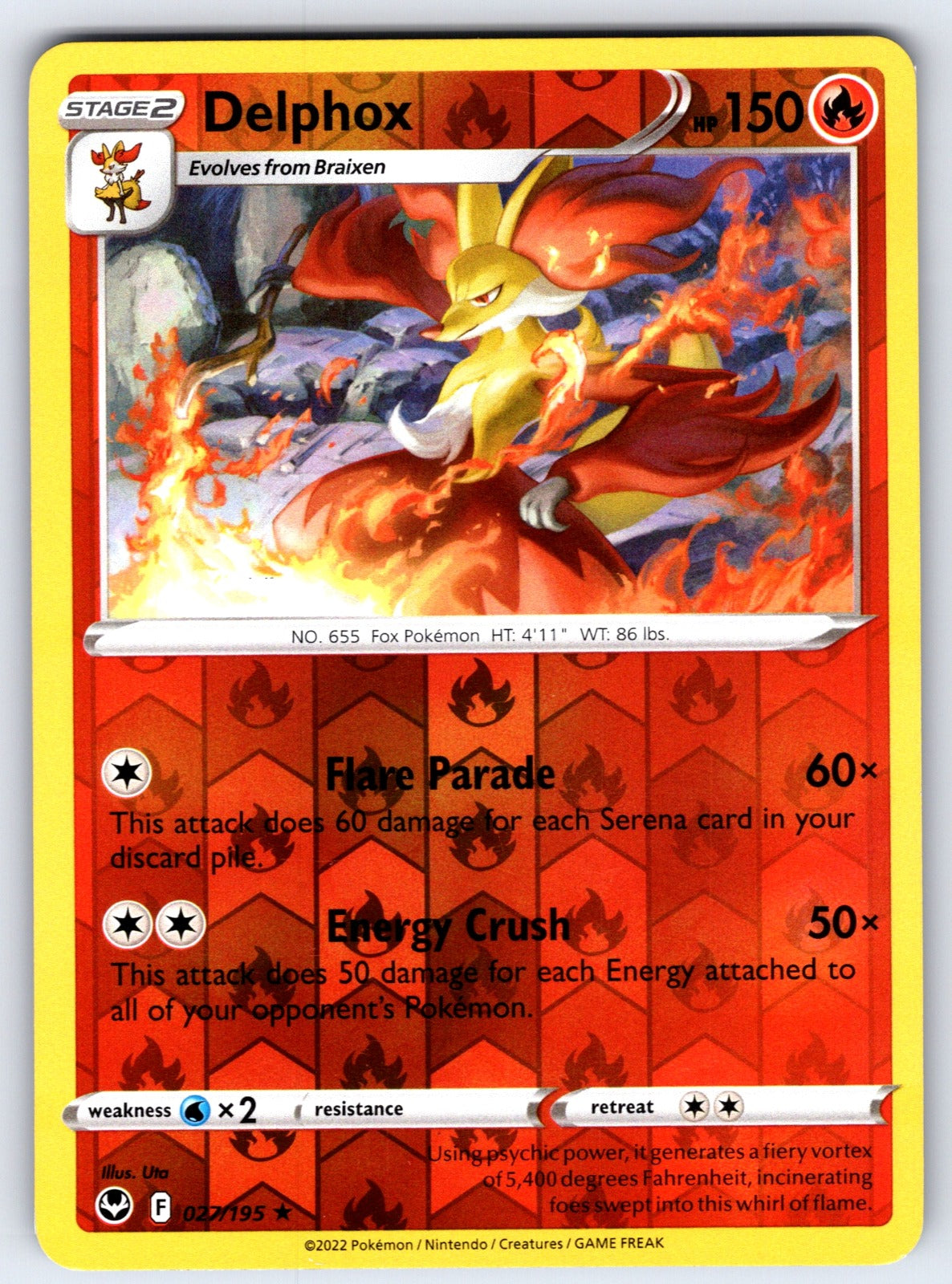 Delphox Reverse Holo Rare SWSH12: Silver Tempest 027/195 NM 2022