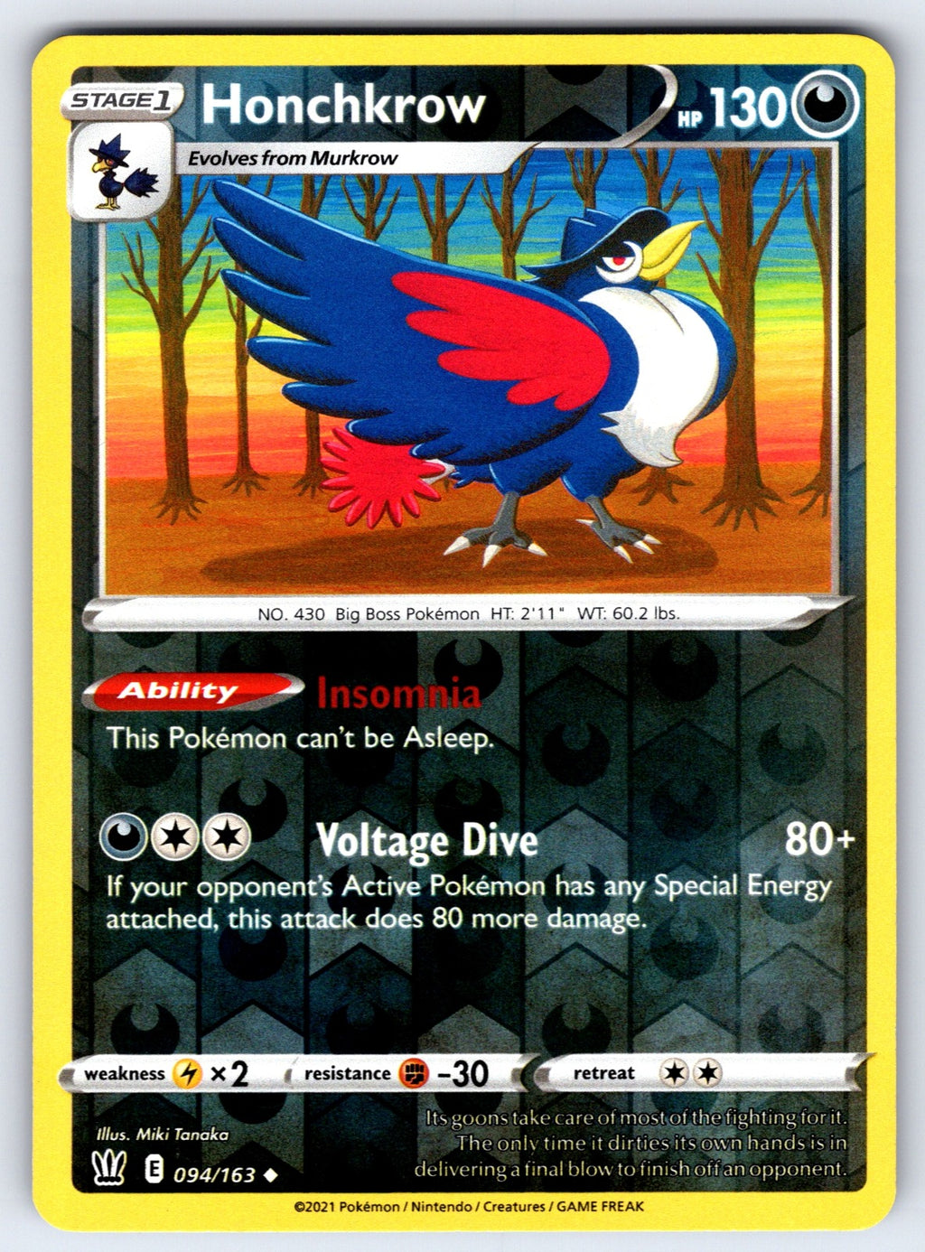 Honchkrow Reverse Holo Uncommon SWSH05: Battle Styles 094/163 NM 2021