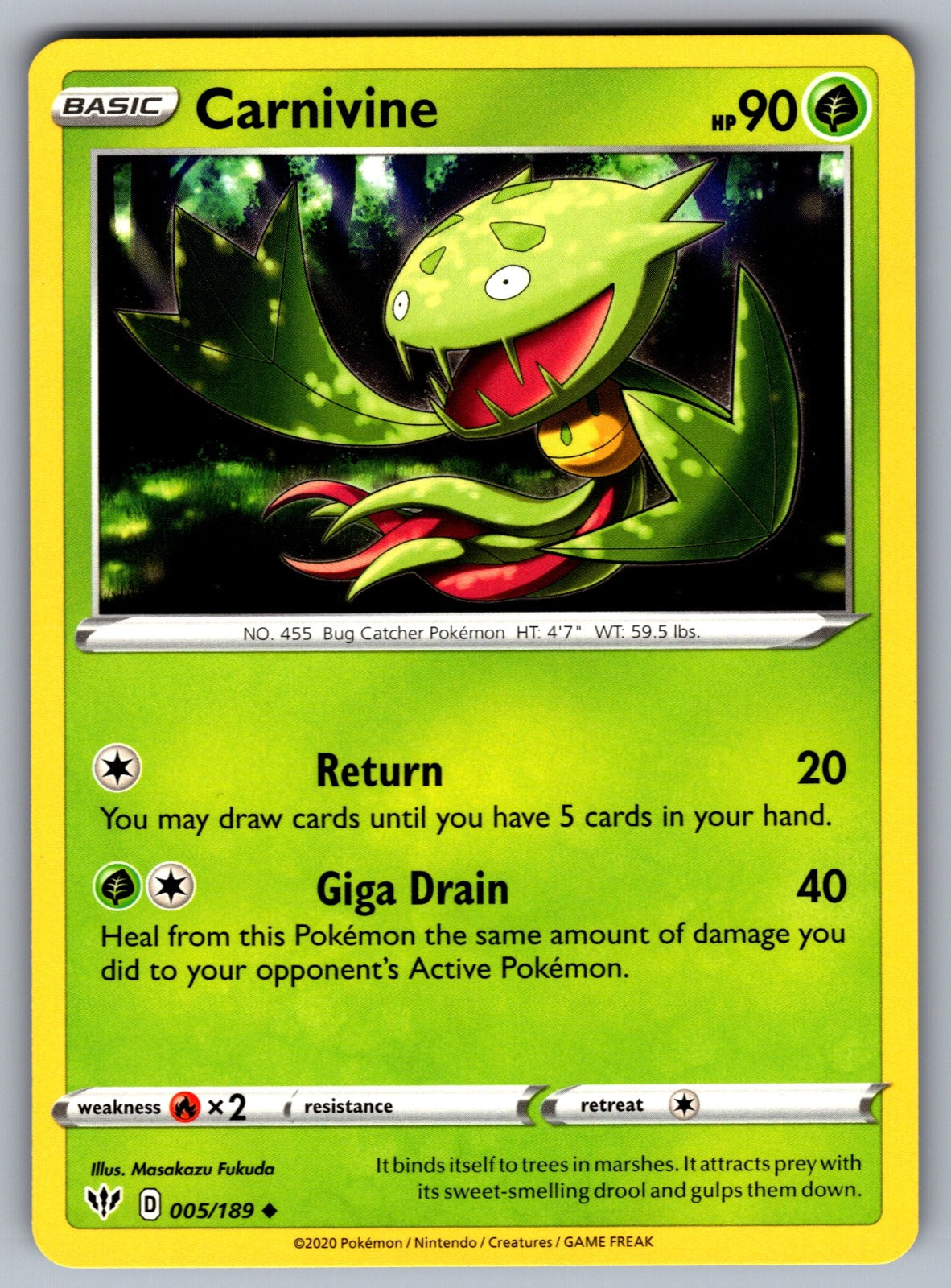 Carnivine Uncommon SWSH03: Darkness Ablaze 005/189 NM 2020