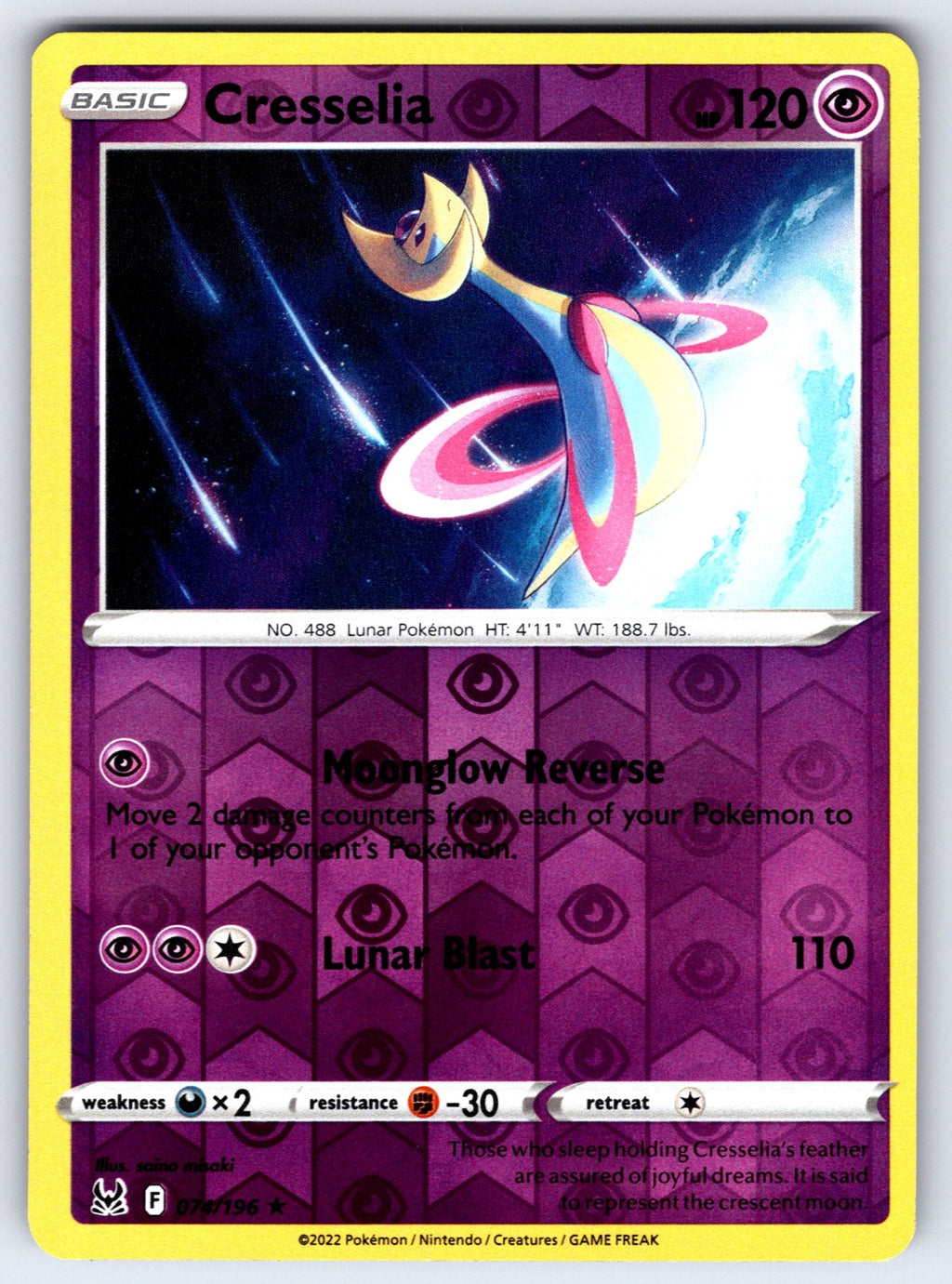 Cresselia Reverse Holo Holo Rare SWSH11: Lost Origin 074/196 NM 2022