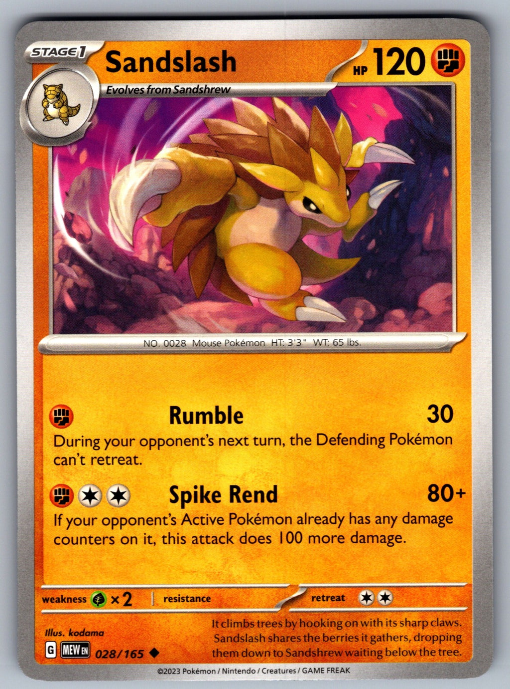 Sandslash Uncommon SV: Scarlet & Violet 151 028/165 NM 2023